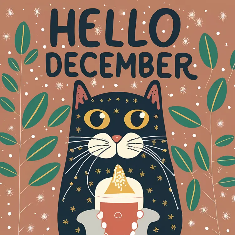 Cat with Drink Greeting Hello December