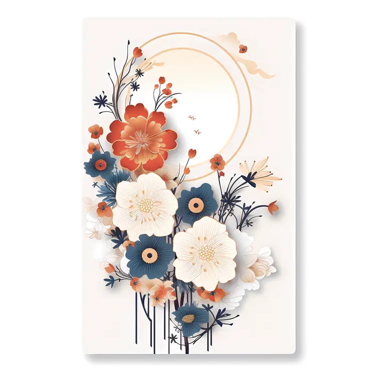 Red and Blue Flowers with Circular Frame
