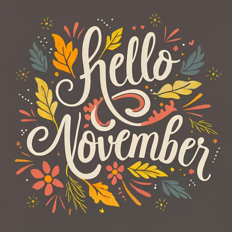 Hello November Typography with Autumn Leaves