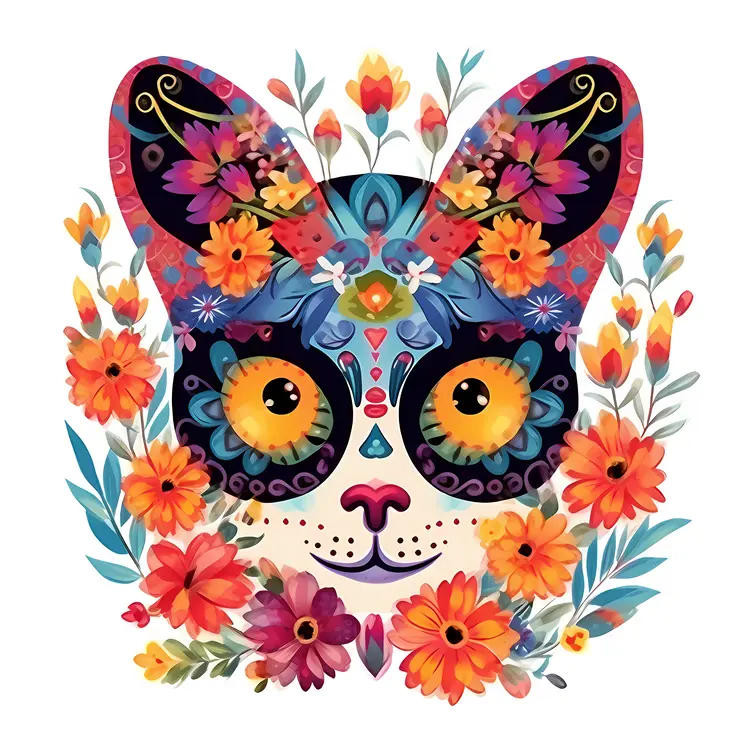 Colorful Floral Cat Illustration for Day of the Dead