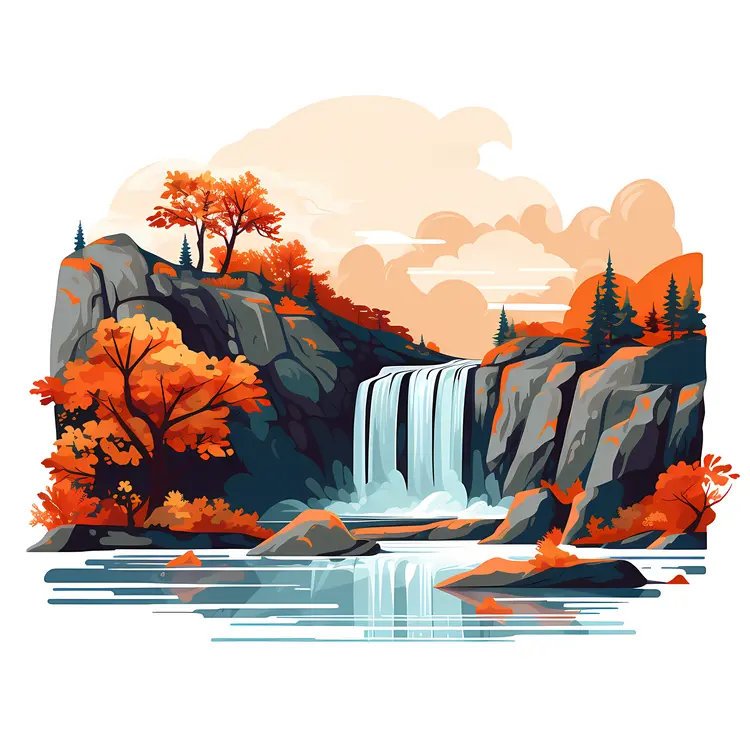 Autumn Waterfall with Rocky Cliffs