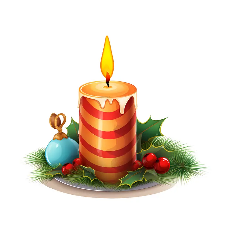 Striped Christmas Candle with Holly and Berries