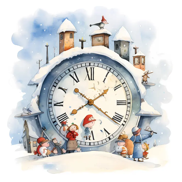 Winter Clock with Children and Snowy Houses