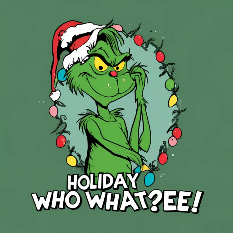 Grinch in Santa Hat with 'Holiday Who What?ee!' Text