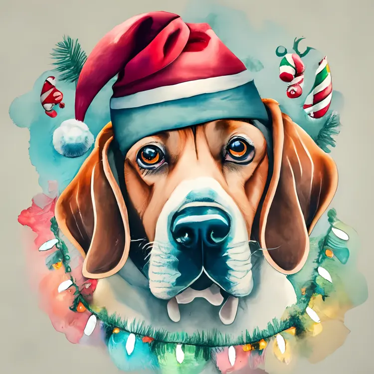 Happy Dog with Santa Hat and Christmas Ornaments