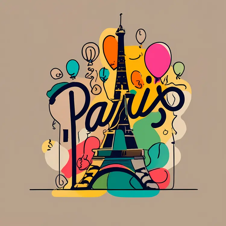 Eiffel Tower with Paris Text and Balloons