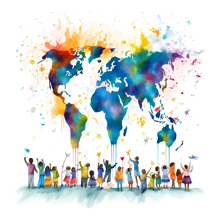 Children Holding Hands with Colorful World Map
