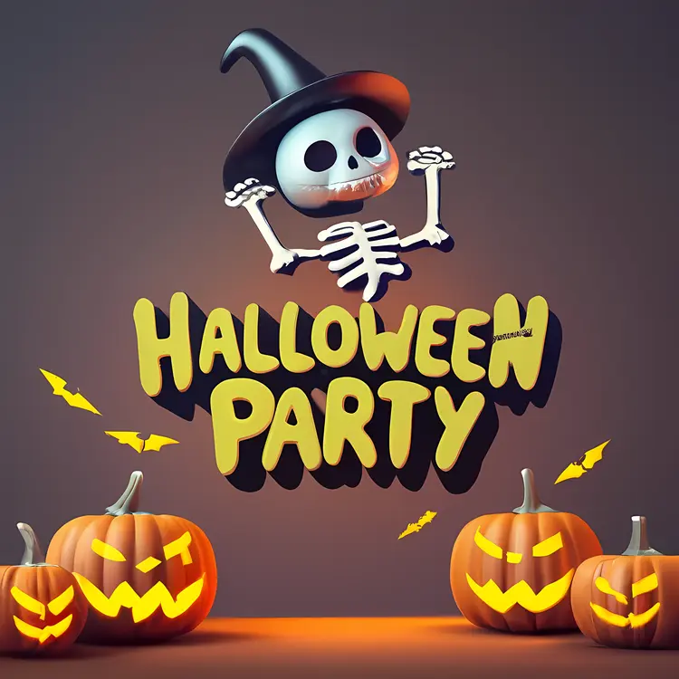 Halloween Party with Skeleton and Pumpkins