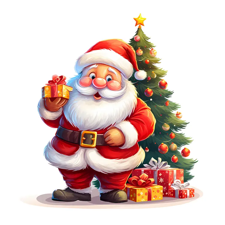 Santa Claus with Christmas Tree and Gifts