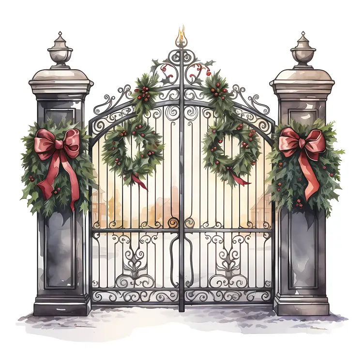 Elegant Gate with Christmas Wreaths and Red Bows