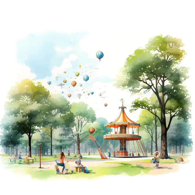 Carousel in a Park with Trees and Balloons