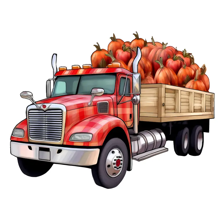 Cartoon Red Truck Carrying Pumpkins