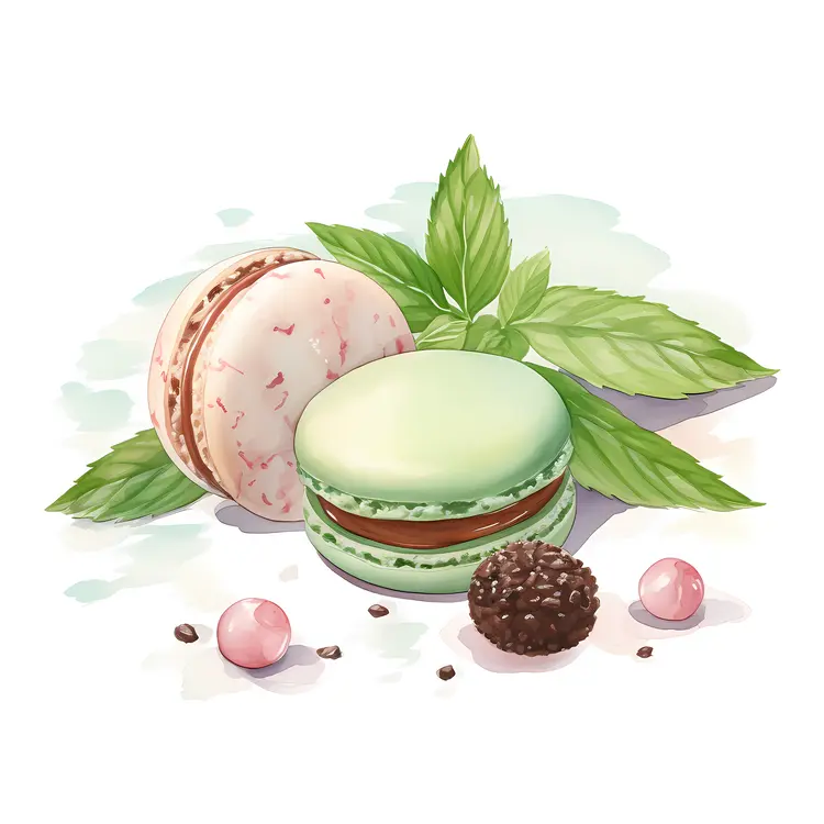 Green and White Macarons with Mint Leaves and Chocolate