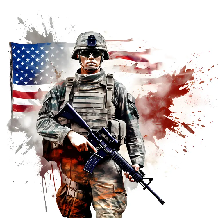 American Soldier in Uniform with Flag Background