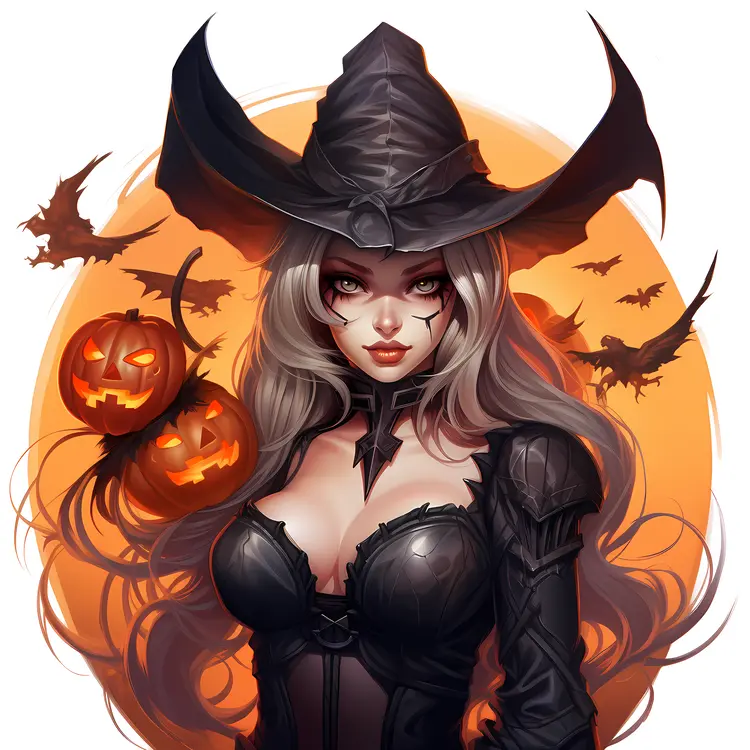 Woman in Witch Costume with Pumpkins and Bats