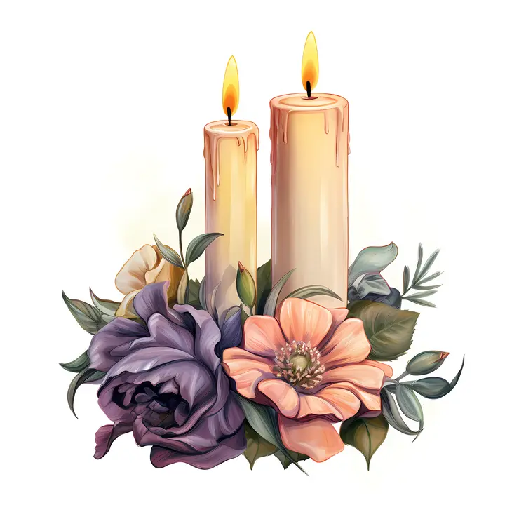 Two Candles with Purple and Pink Flowers