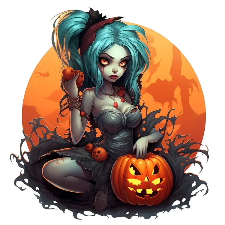 Zombie Girl with Pumpkins for Halloween