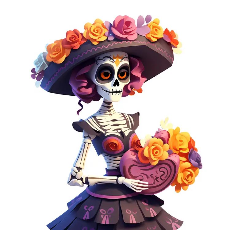 Skeleton Lady Holding Heart with Flowers
