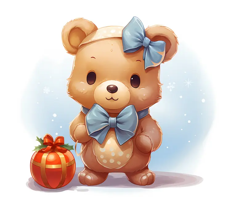 Adorable Bear with Blue Bow and Gift