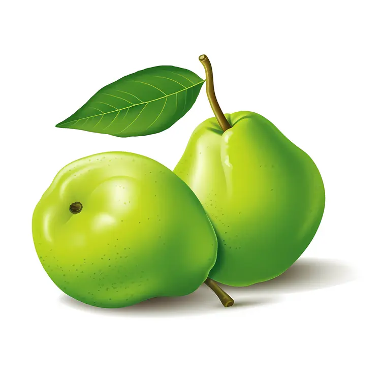 Two Green Pears with Leaf