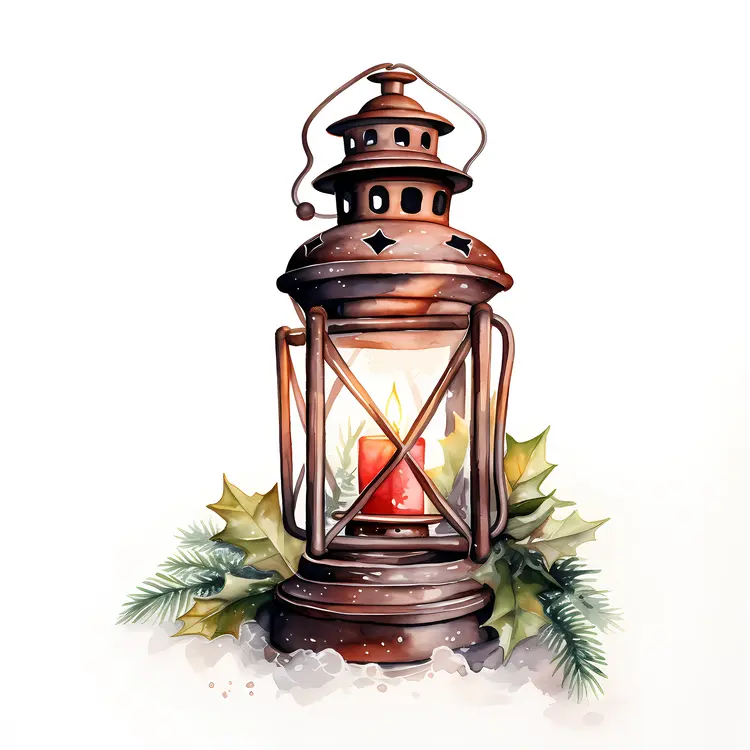 Rustic Lantern with Holly Leaves and Pine Branches
