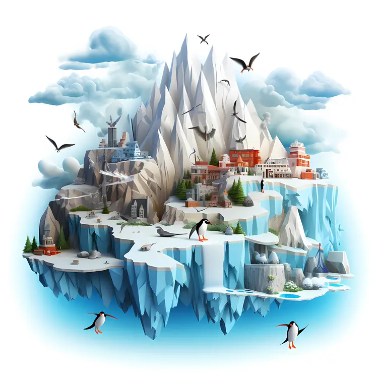 Penguins on Ice with Snowy Mountains
