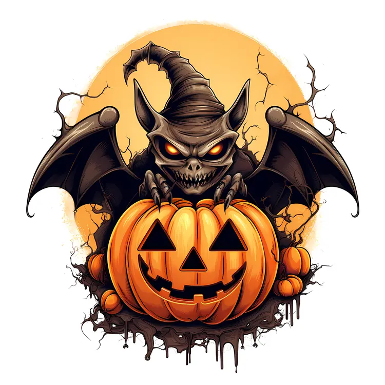Scary Bat with Pumpkin and Witch Hat