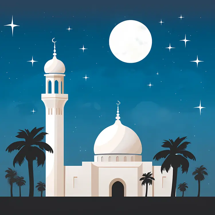 White Mosque with Full Moon and Palm Trees
