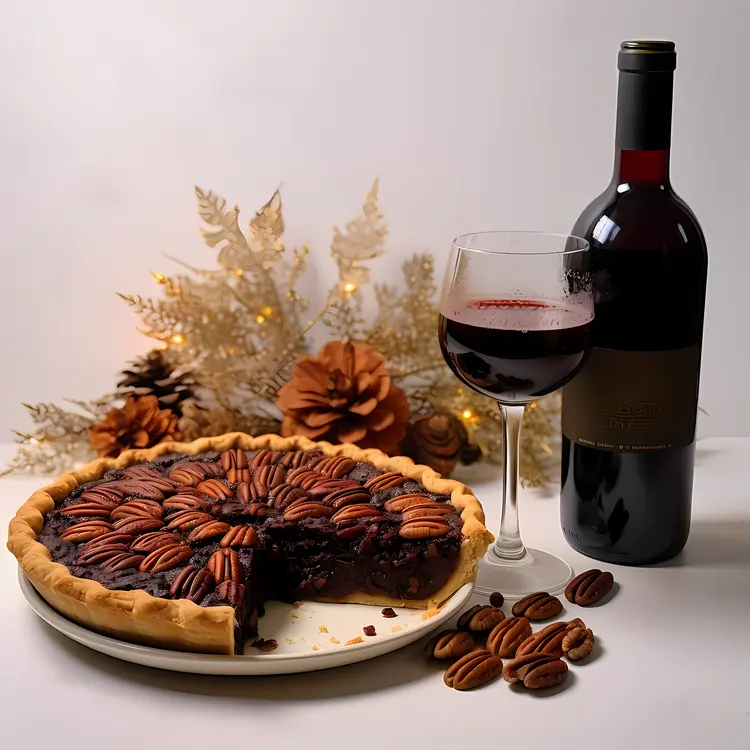 Festive Pecan Pie with Wine and Holiday Decor