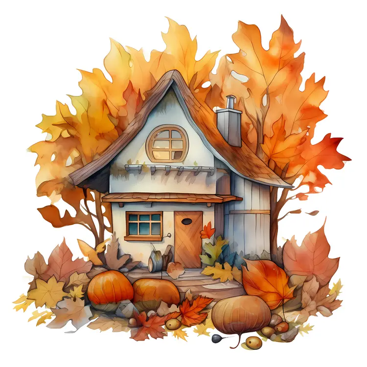 Small cute house with pumpkins and autumn leaves