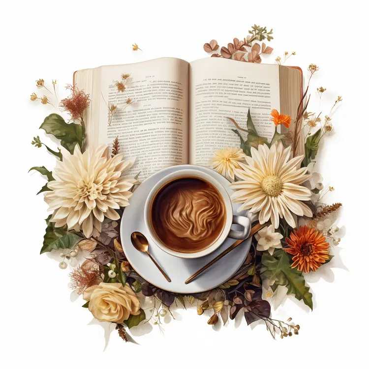 Cozy Coffee Cup with Open Book and Flowers
