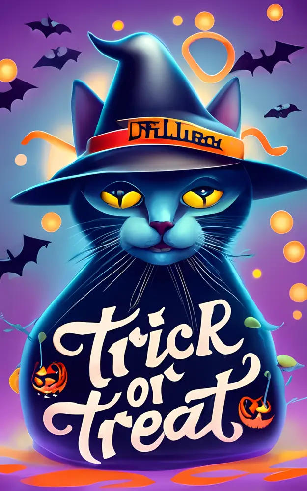 Halloween Cat with Witch Hat and Pumpkins
