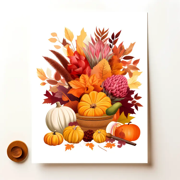 Autumn Harvest Arrangement with Pumpkins and Leaves