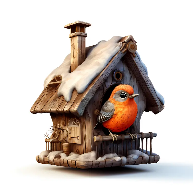 Bird on Snowy Birdhouse