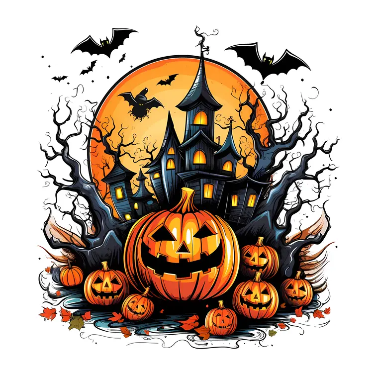 Haunted House with Jack-o'-Lanterns and Bats