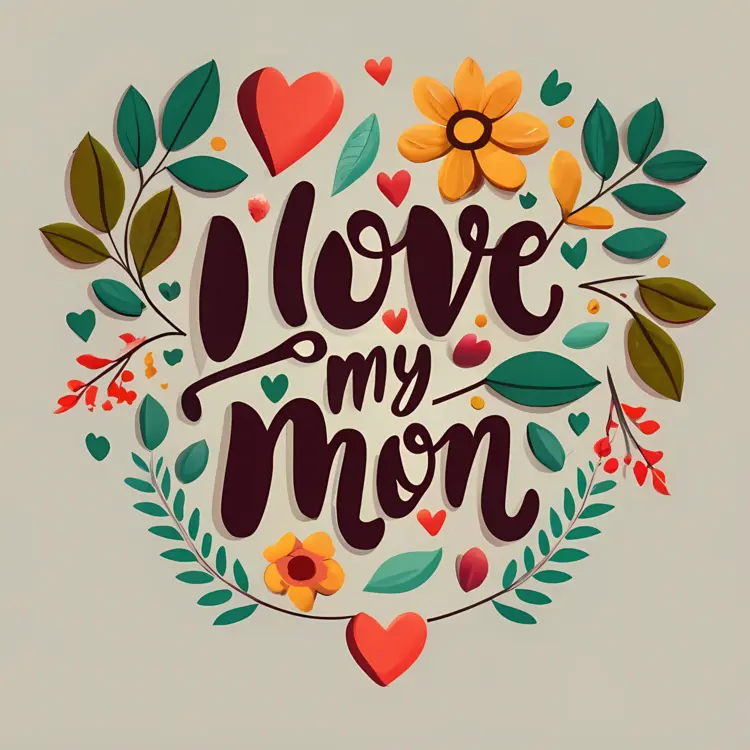 I Love My Mom Typography with Leaves and Hearts