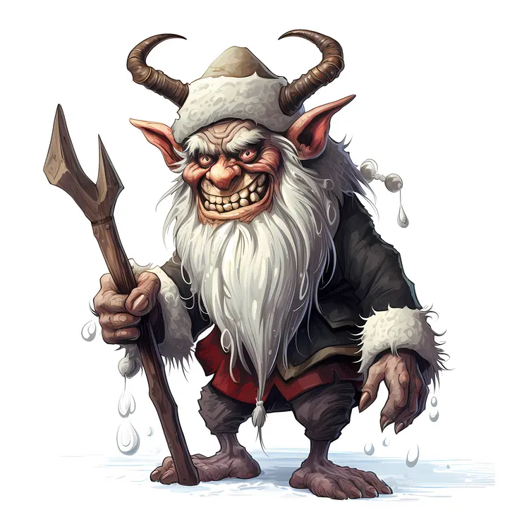 Grinning Horned Creature with Trident in Christmas Outfit