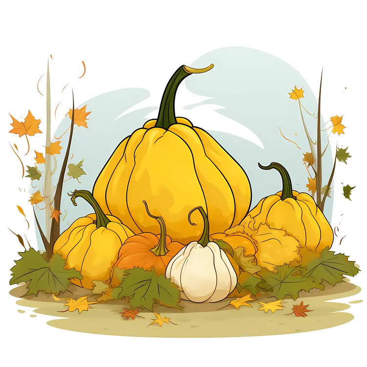 Yellow Pumpkins with Autumn Leaves for Fall Season