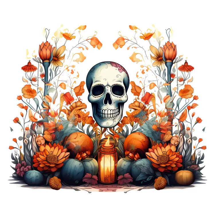 Skull with Lantern and Floral Decorations for Day of the Dead