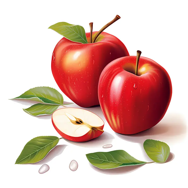 Red Apples with Leaves and Half Apple