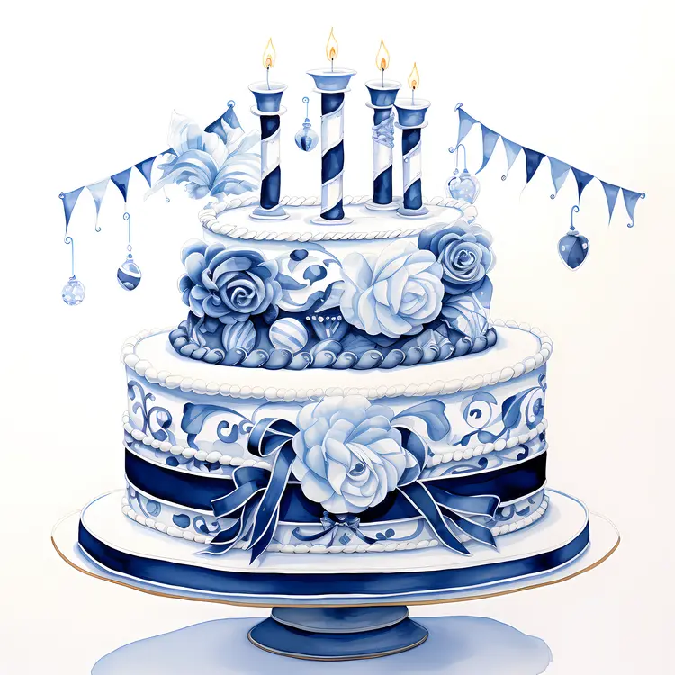 Blue and White Birthday Cake with Candles and Bunting