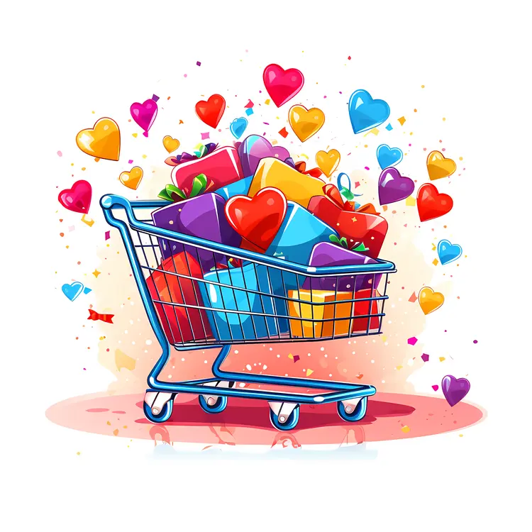 Shopping Cart with Gifts and Hearts