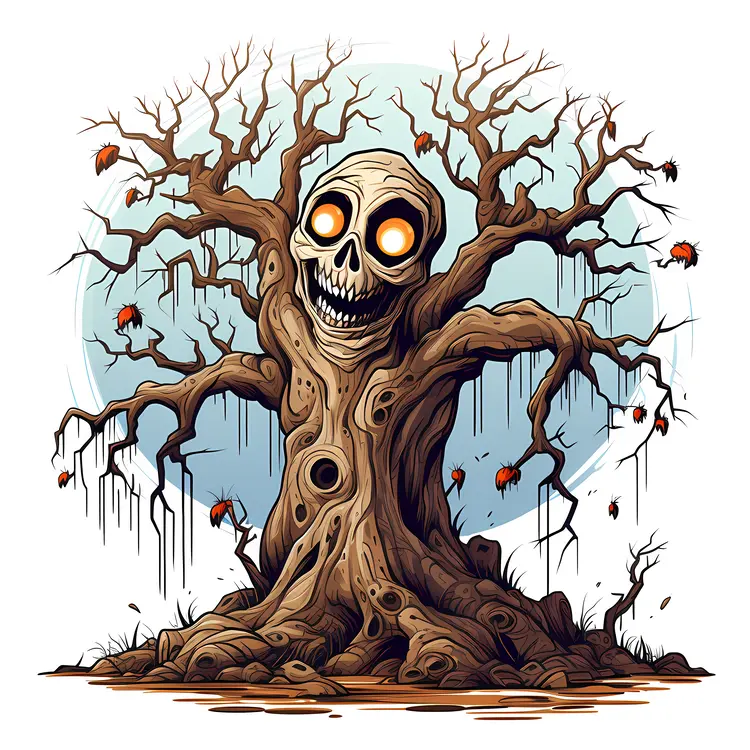 Spooky Halloween Tree with Glowing Skull