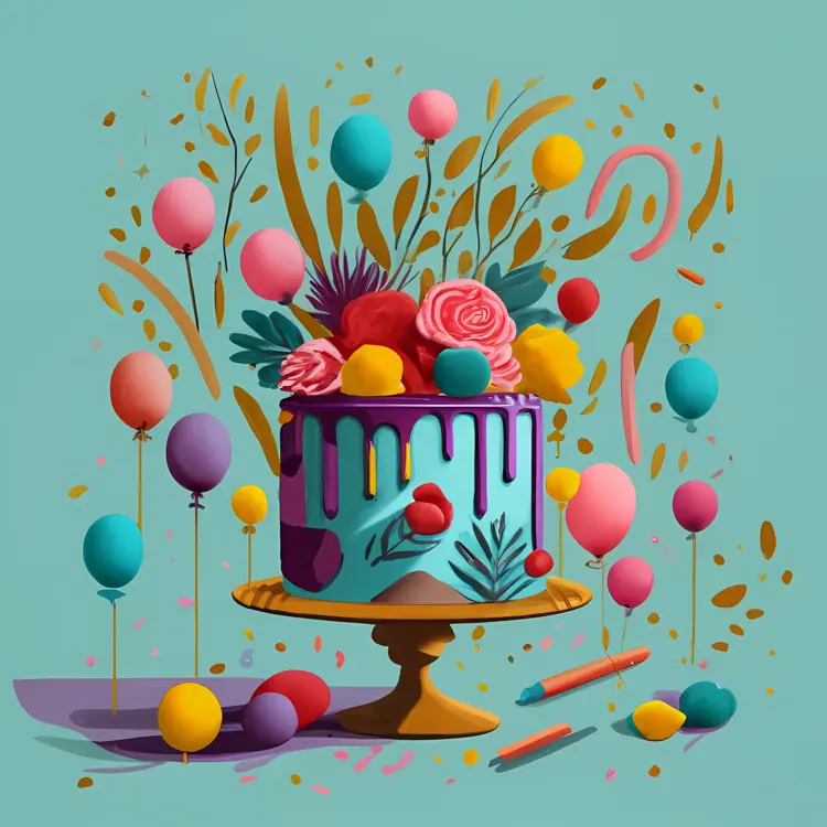Colorful Cake with Balloons and Flowers