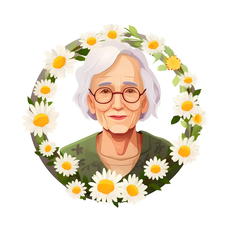 Elderly Woman with Daisy Wreath Illustration