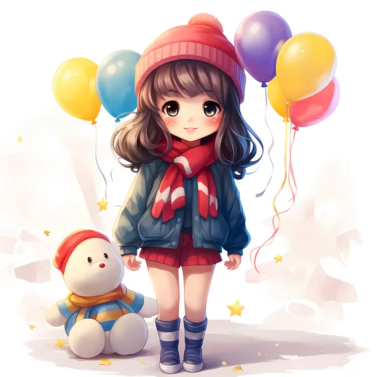 Cute Girl with Snowman and Balloons