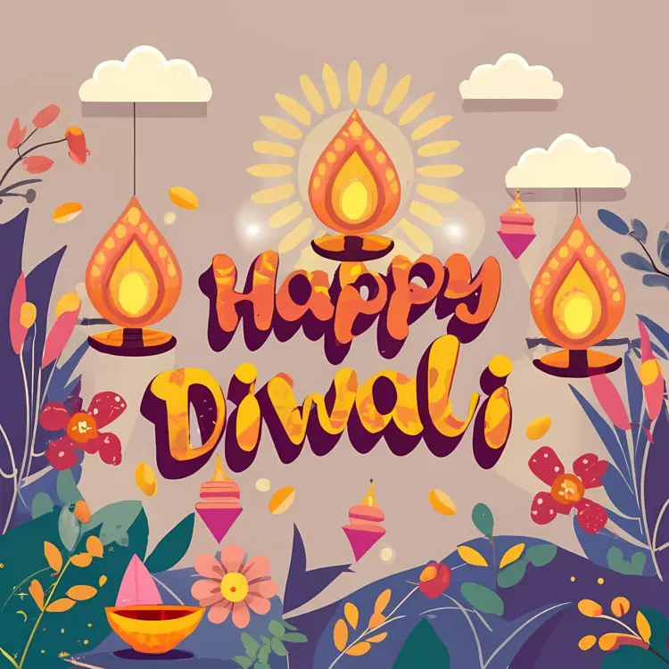 Happy Diwali with Colorful Diyas and Flowers