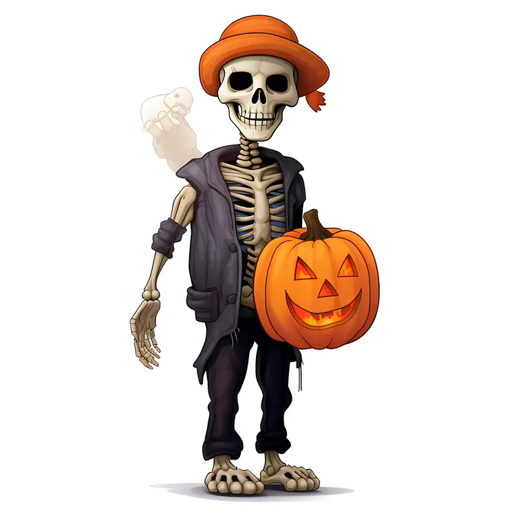Skeleton with Pumpkin in Halloween Costume