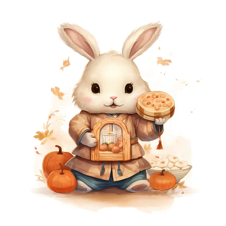 Cute Rabbit Holding Mooncake with Pumpkins