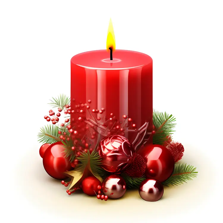 Red Candle with Ornaments and Greenery